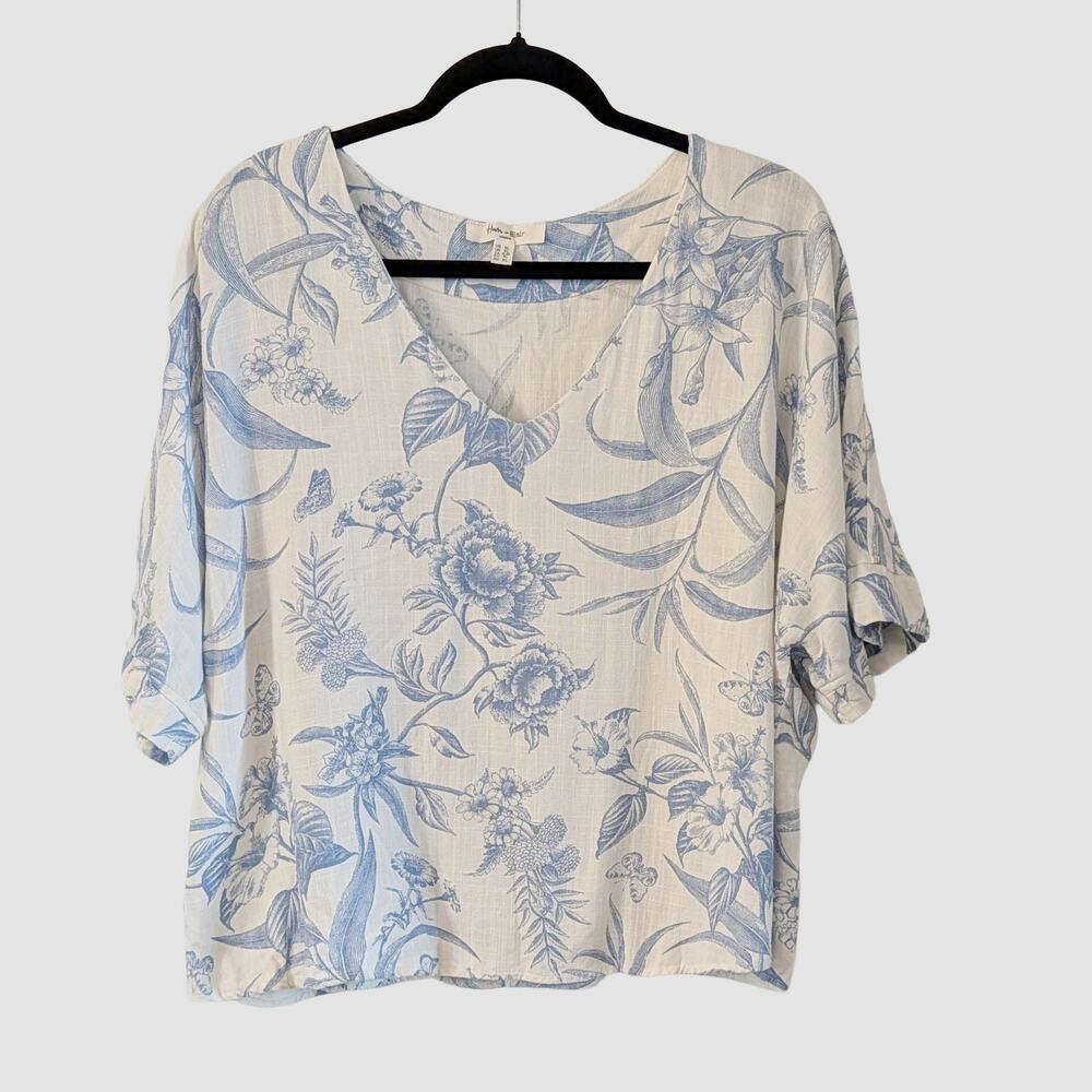 Haver & Blair London Linen Blend Floral Top XL Blue White Pullover Coastal